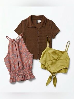 Forever 21 H&M Paper Crane Top Tank Bundle Lot 3 S Brown Gold Paisley